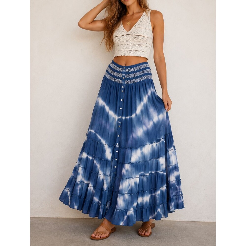John Mark Blue Haze Tie Dye Maxi Skirt Large Tiered Button Front Boho Festival